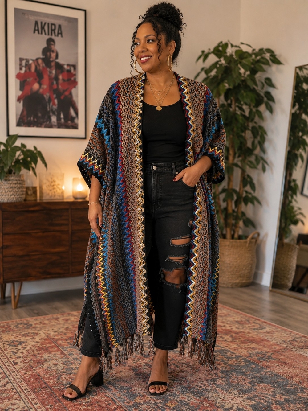 NWT AKIRA Oversized Crochet Knit Boho Kimono Cardigan O/S Tassel Fringe
